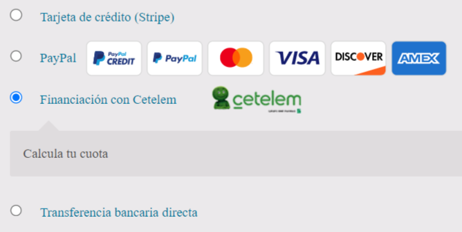 Seleccionar Financiación con Cetelem como método de pago
